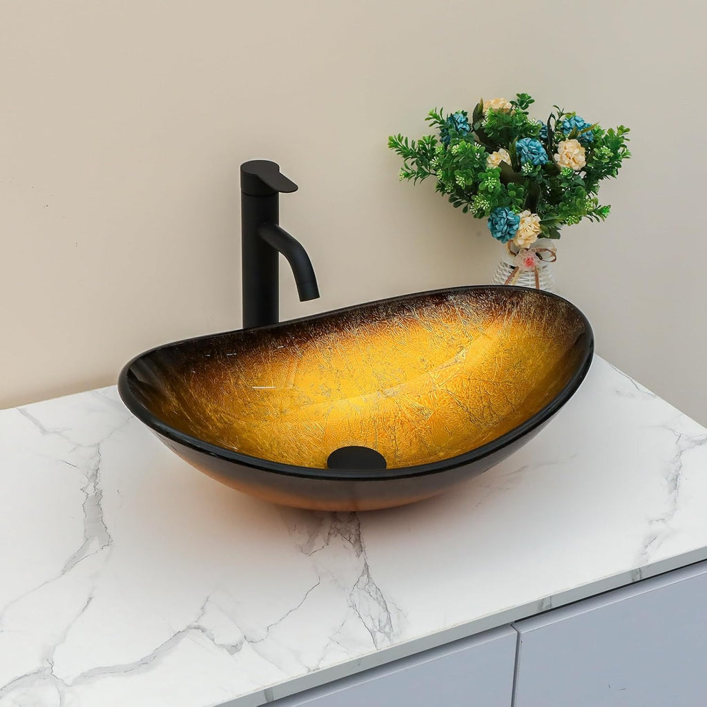 Sarlai Boat Shape Bathroom Vessel Sink with Black Faucet and Pop-up Drain Set 21x14 Inch Modern Artistic Tempered