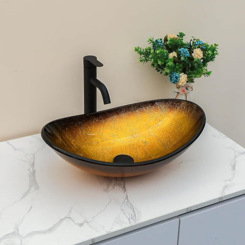 Sarlai Boat Shape Bathroom Vessel Sink with Black Faucet and Pop-up Drain Set 21x14 Inch Modern Artistic Tempered