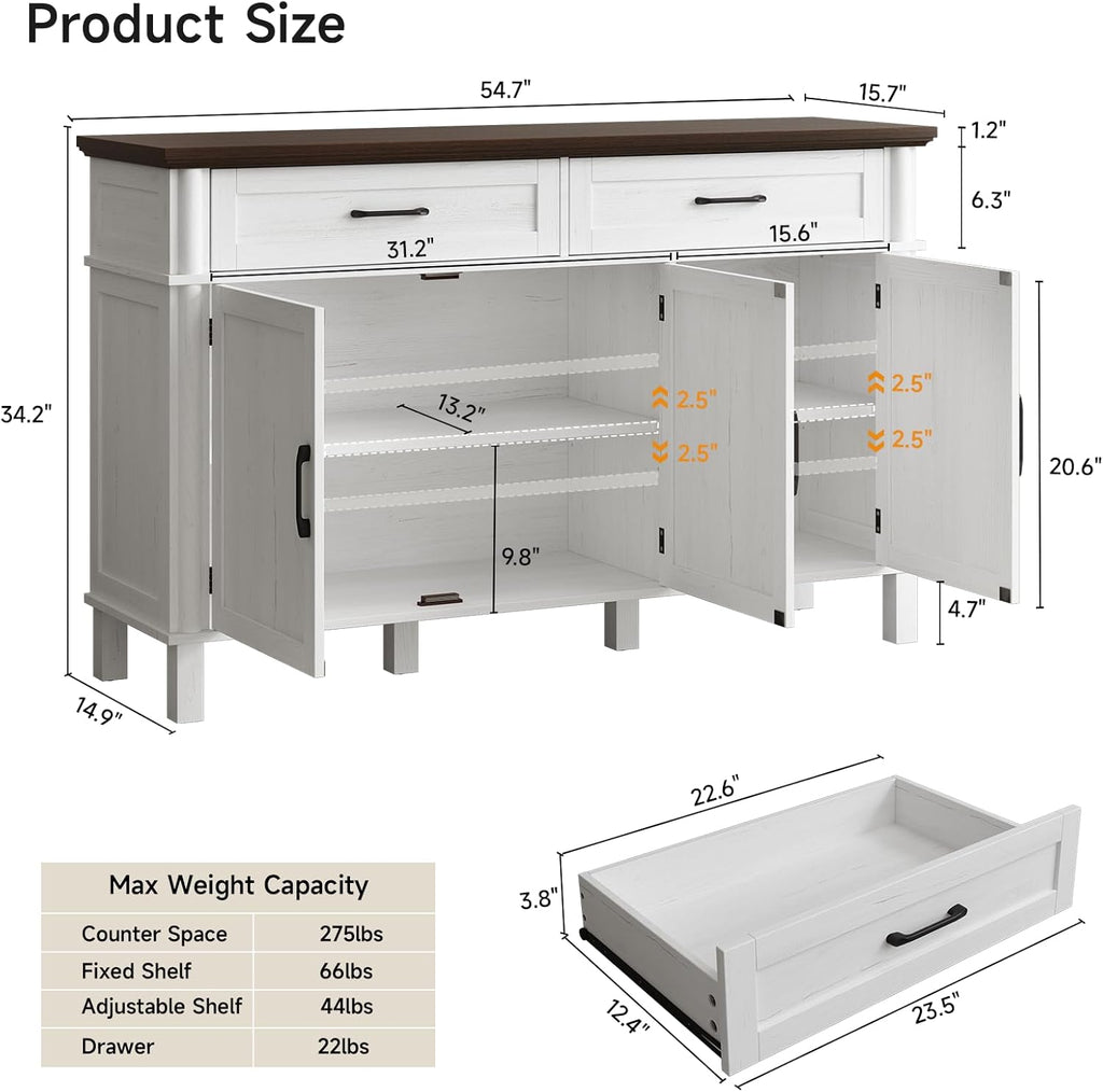 55 Inch Buffet Cabinet with Storage, Farmhouse Sideboard Buffet w/2 Drawers and 3 Doors