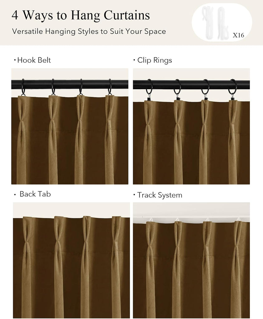 Pinch Pleated Curtains, Luxury Gold Brown Velvet Bedroom Curtains with Adjustable Hooks Back Tab Thermal Insulated