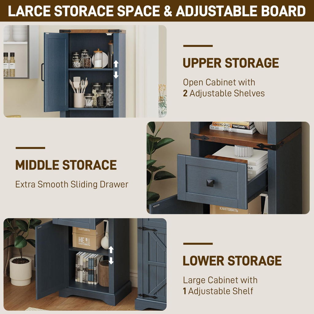 66" Tall Farmhouse Bathroom Storage Cabinet with Barn Doors, Blue