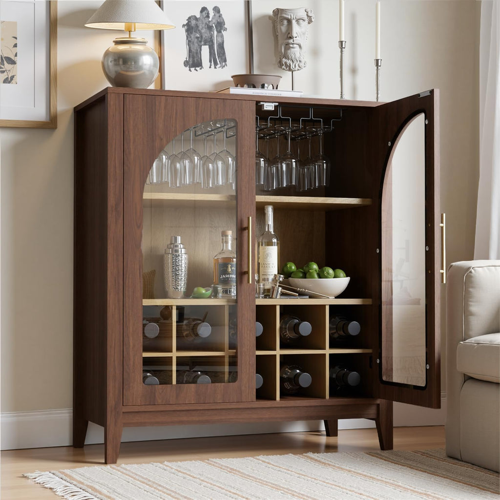 31.5" Coffee Bar Cabinet with Glass Doors, Arched Doors, Walnut | Mid Century Modern Sideboard with Wine Rack & Glass