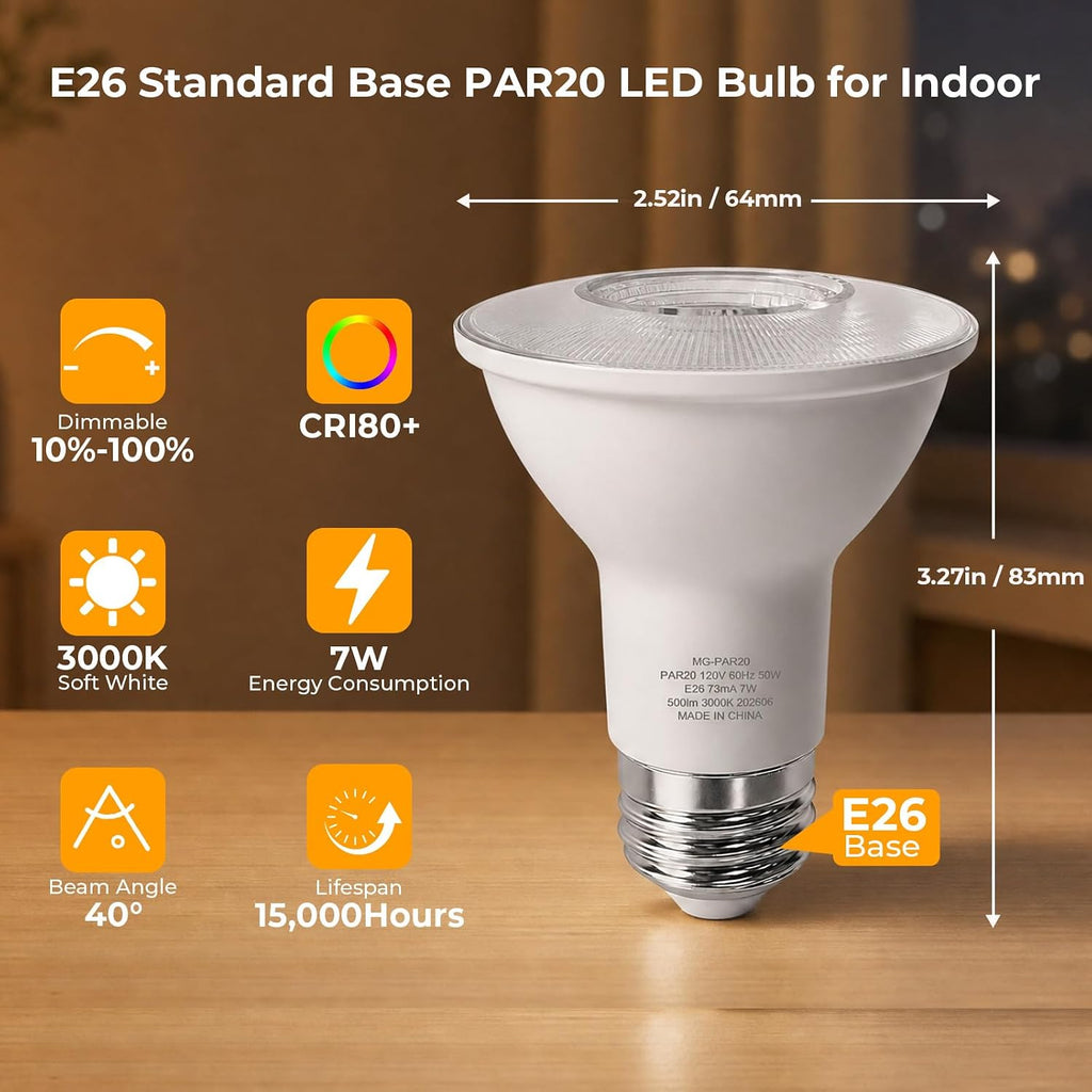 PAR20 LED Bulbs Indoor Flood Light Bulbs, E26, 50W Equivalent, Dimmable