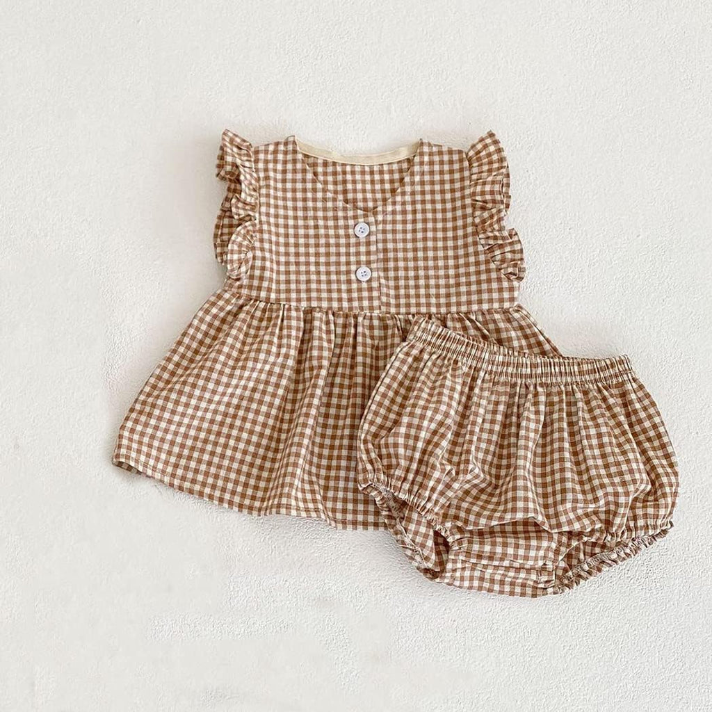 Baby Girls Summer Shorts Sets Infant Plaid Ruffle Sleeveless Tops Bloomer 2PCS Outfits