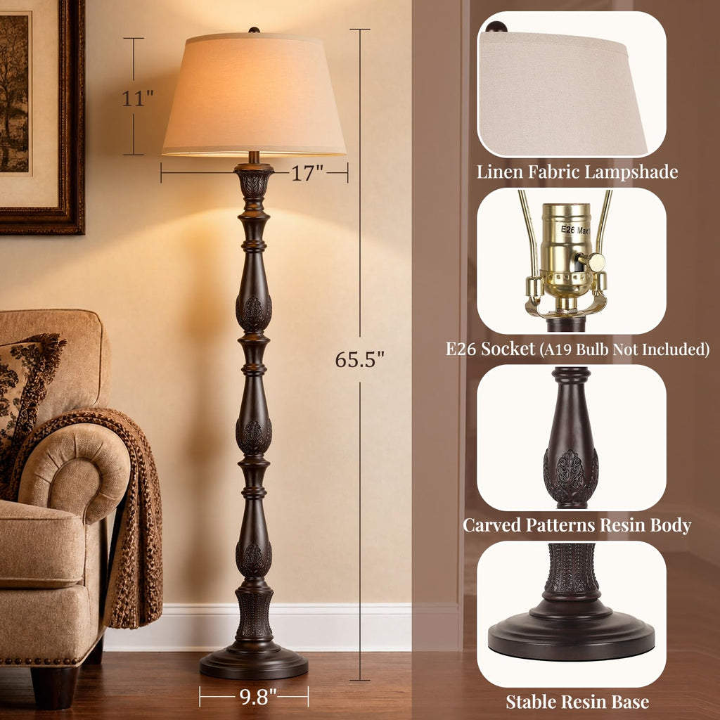 65.5'' Vintage Floor Lamp, Antique Tall Floor Lamp with Linen Shade, Traditional Retro Resin Carved Standing Lamp