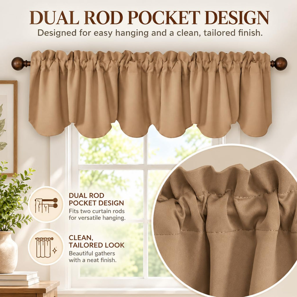 Valances Bedroom Windows Set of 2, Rod Pocket Scalloped Window Treatment Decorative Curtains Valences 18" L x 52" W