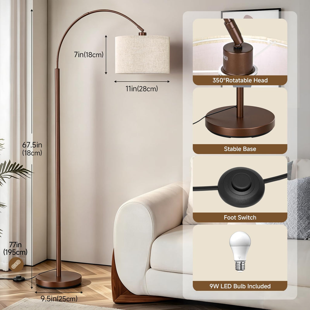 Arc Floor Lamps, Brown Standing Lamp with Linen Shade