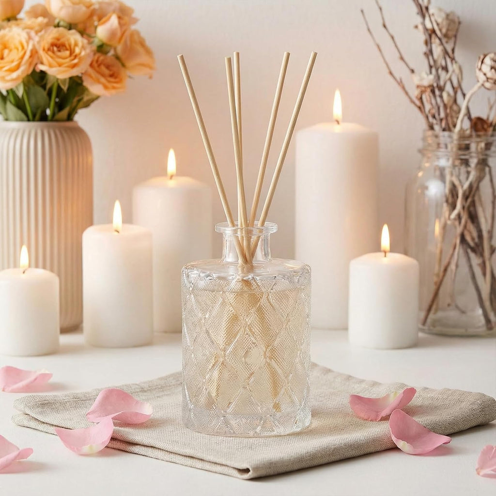 Glass Reed Diffusers Bottles, Diffuser Bottles with Reed Diffuser Sticks, Vintage Embossed Apothecary - Set of 4