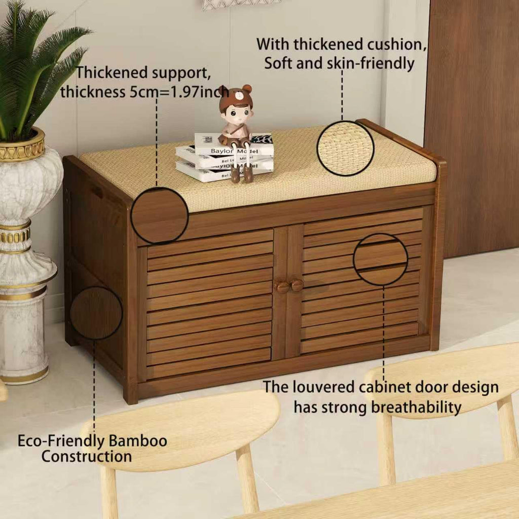 Shoe Storage Bench, 2-Tier Shoe Cabinet with Padded Seat Cushion, Bamboo Entryway Bench with 2 Doors (31.49''(L)