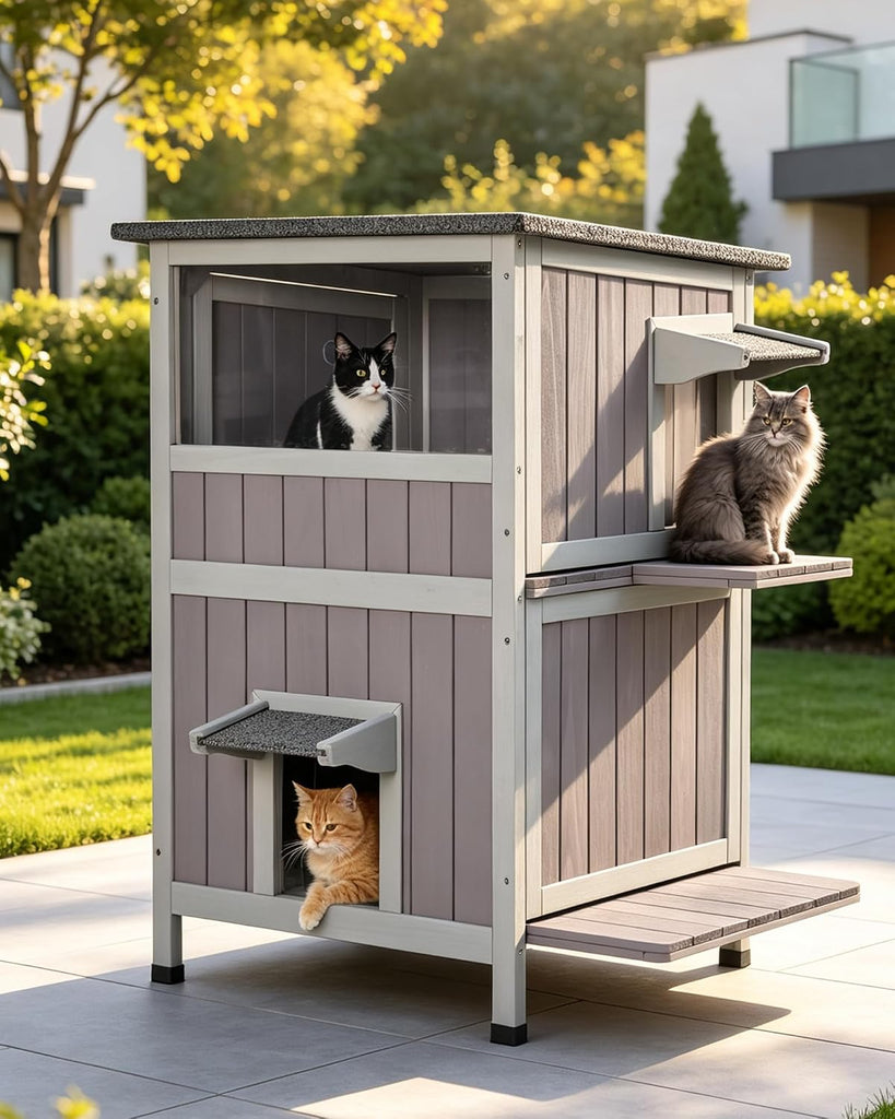 2-Story Cat House - Solid Wood Outdoor/Indoor Kitty Condo