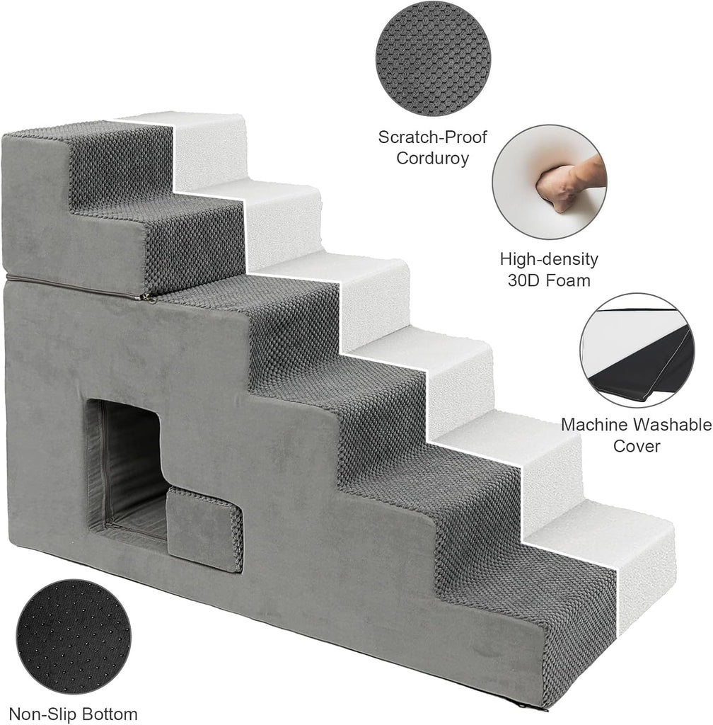 Dog Stairs for Small Dogs 27"H, 6-Step Dog Steps for High Bed, High-Density Foam Pet Stairs with Non-Slip Removable
