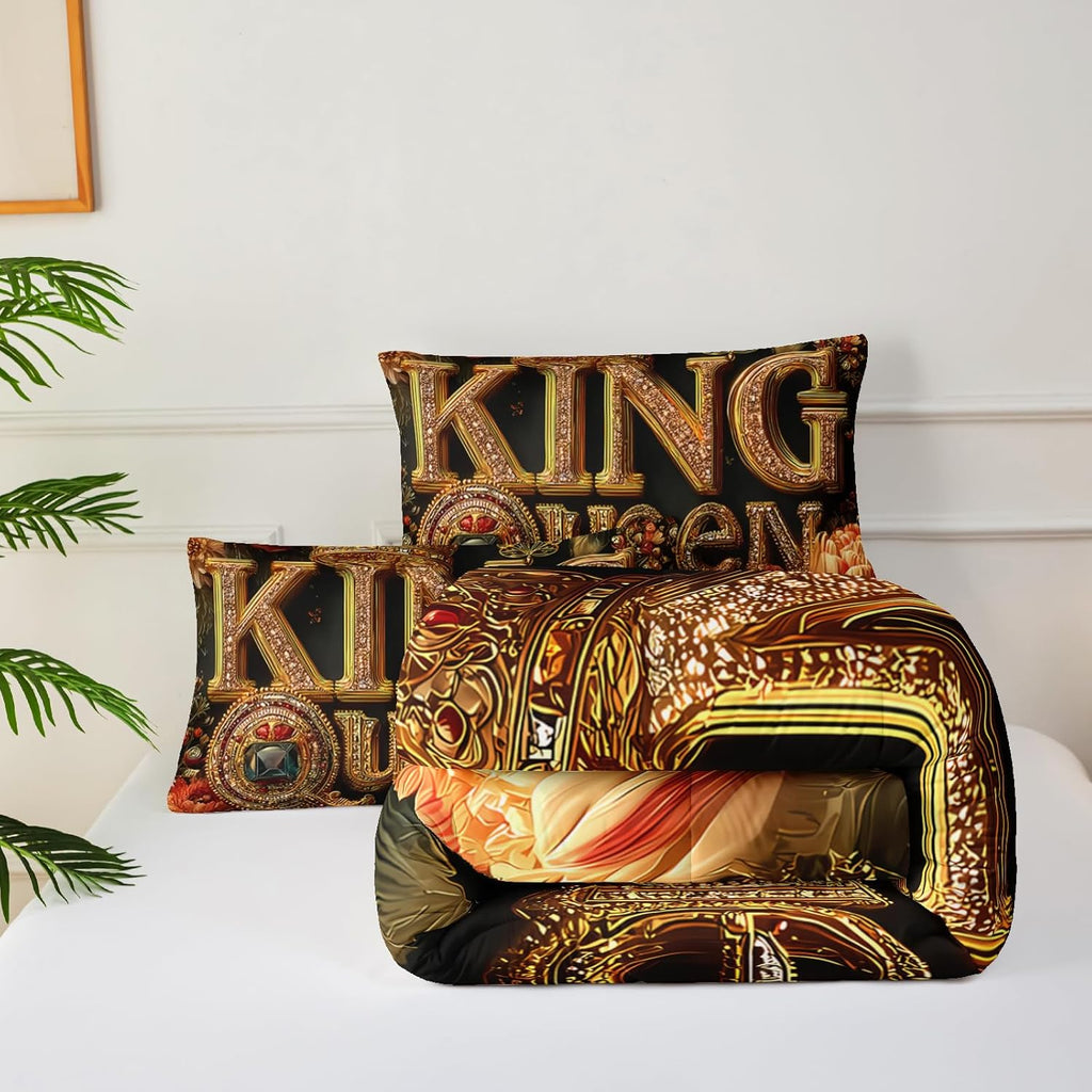 King and Queen Comforter Set Black and Gold，King and Queen Bedding Set，Red Floral Quilt Set Queen，with 1 Comforter
