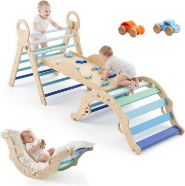 Triangle Set, in-1 Toddler Climbing Toys Indoor, with 2 Wooden Cars, Cushion, Triangle, Arch, and Ramp, 150 lbs
