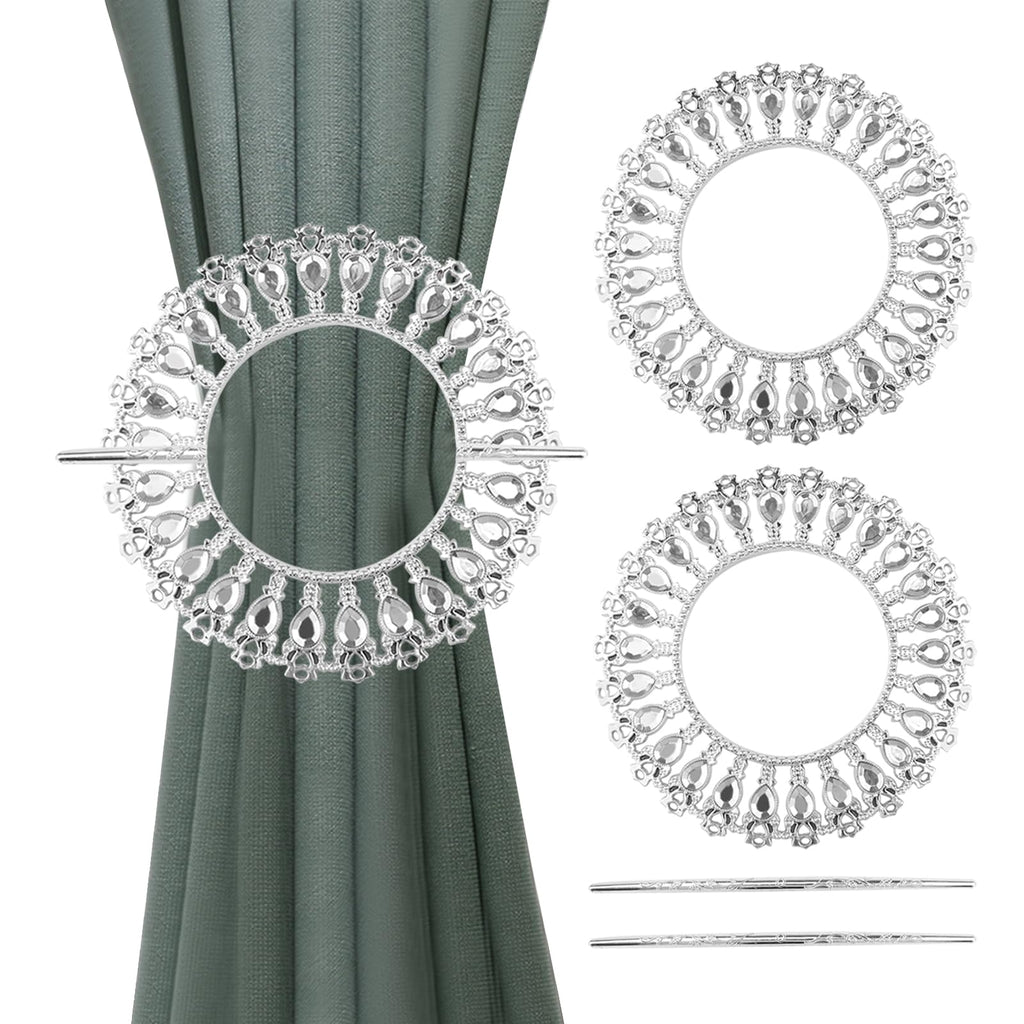 Shiny Silver Curtain Tiebacks Round Holdbacks, 26 Crystals - 2 Pack