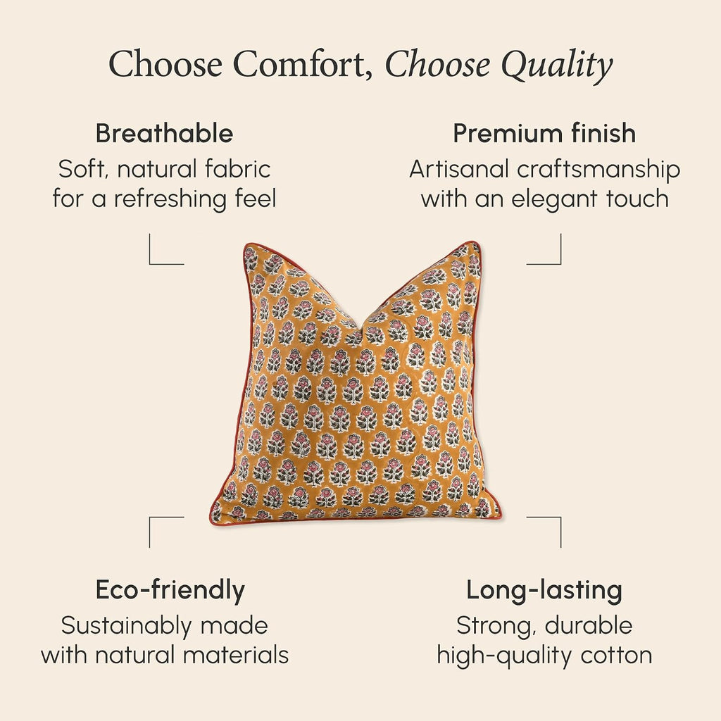 CPC 100% Cotton Throw Pillow Covers 20x20 Inch, Set of 2 Yellow Block Print Pattern Couch Pillow, Cute Boho