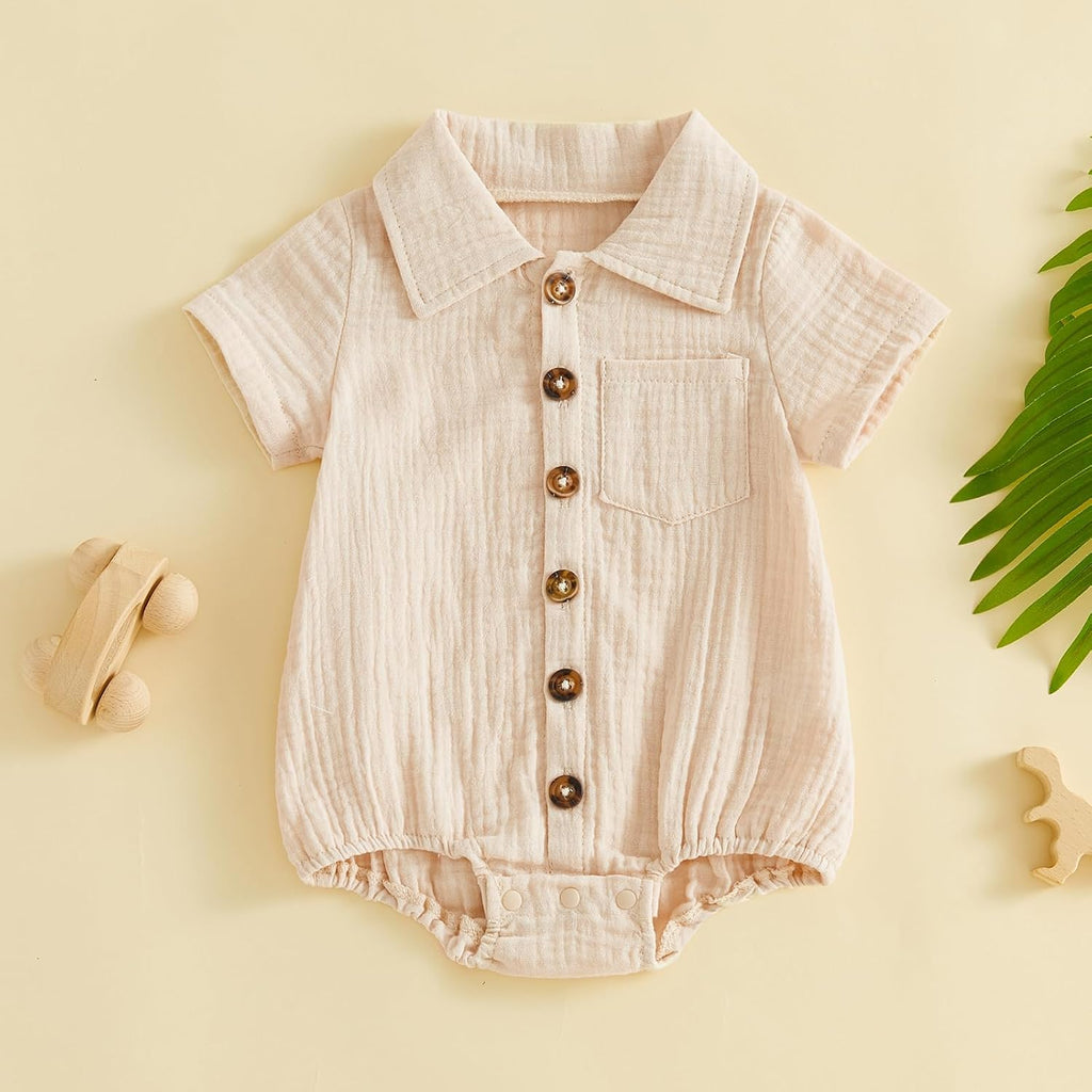 Summer Newborn Baby Boy Cotton Linen Romper Short Sleeve Button Down Jumpsuit Romper One Piece Outfit