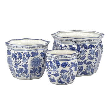 Blue & White Round Fluted Classic Floral Porcelain Ceramic Plant Flower Planter Pot Set of 3 (7.5", 10", 13") Garden