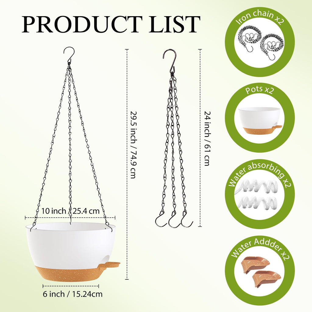 10 Inch Hanging Baskets 2 PC with Chains, Self-Watering Hanging Planters for Indoor Outdoor Plants, Plastic Hanging