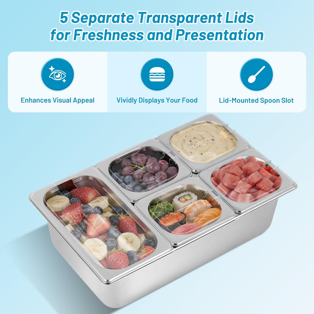 Cold Food Buffet Serving Trays 5 Pans (4 Pan×1.6Qt & 1 Pan×4QT) w/Ice Packs for Salad Bar Station Sauce Cooled