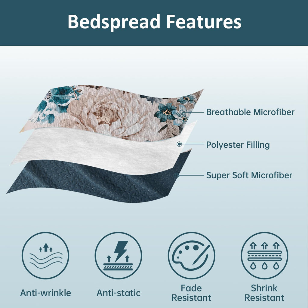Quilt, 3 Pcs Aqua Floral Bedspread Bedding Set