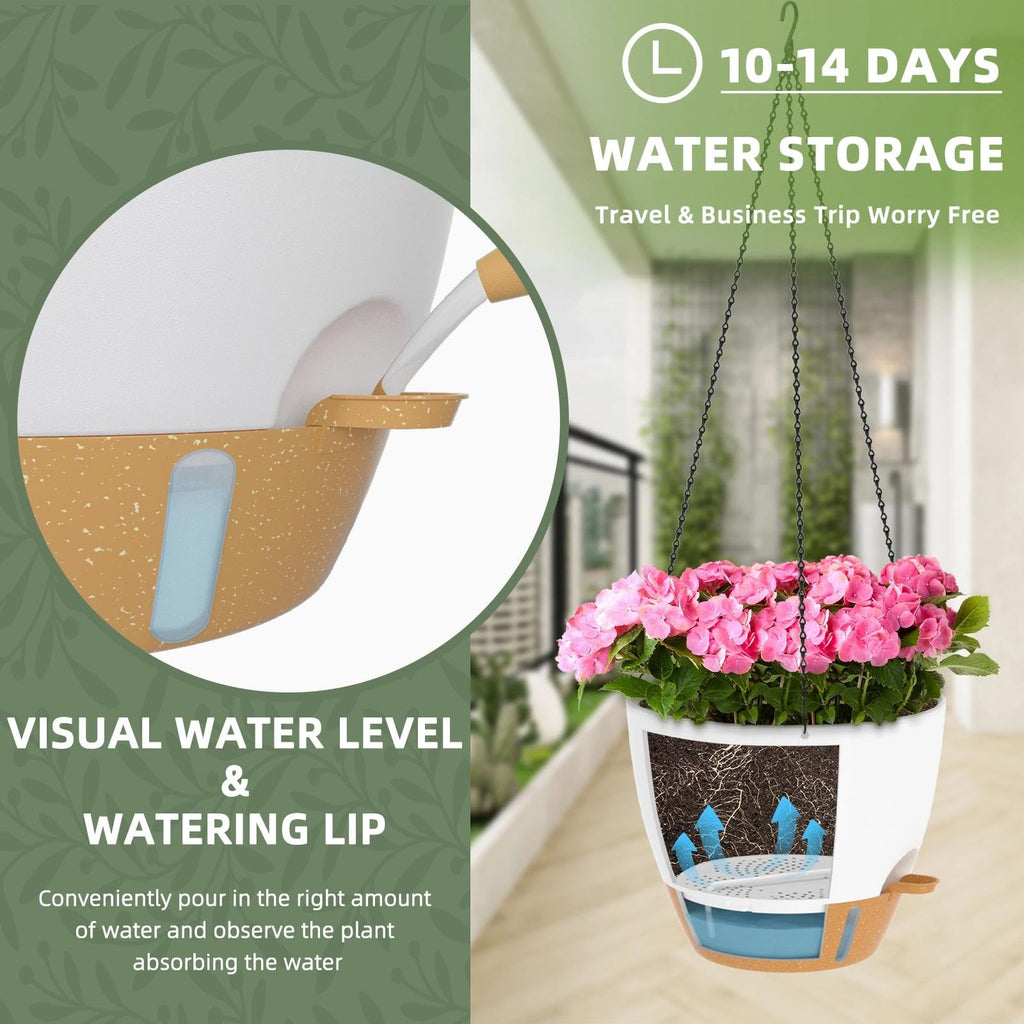 12 Inch Large Self Watering Hanging Planters for Indoor Outdoor Plants - Water Level Indicator & Removable 60 Oz