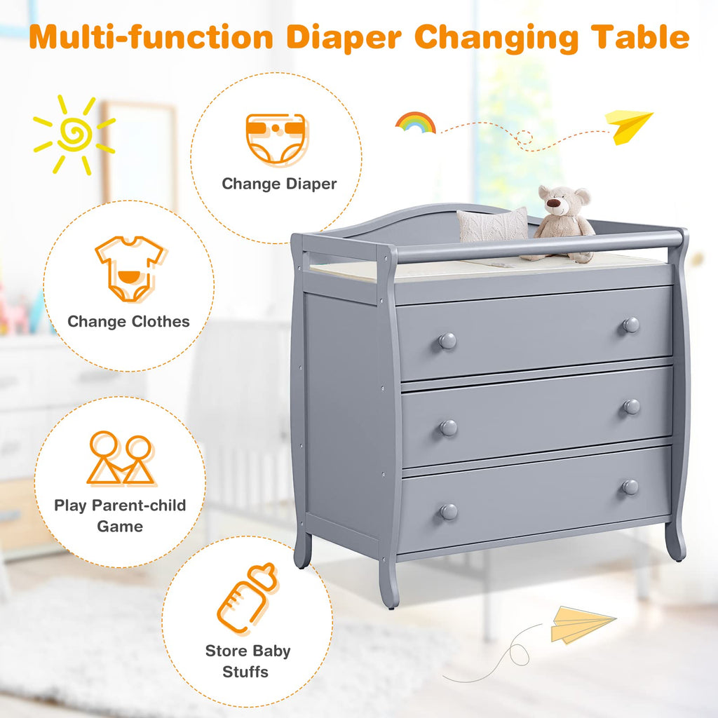3-Drawer Changing Table, Infant Diaper Changing Station with Drawers, Safety Rails & Strap, Baby Changing Table