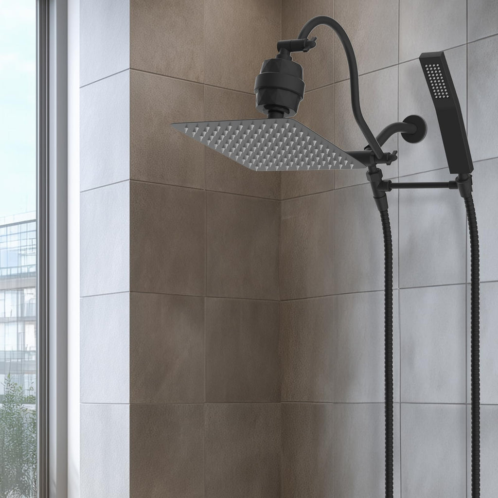 All Metal 10'' Filtered Rainfall Shower Head Combo, High Pressure Handheld Shower Wand, 12'' Adjustable Extension