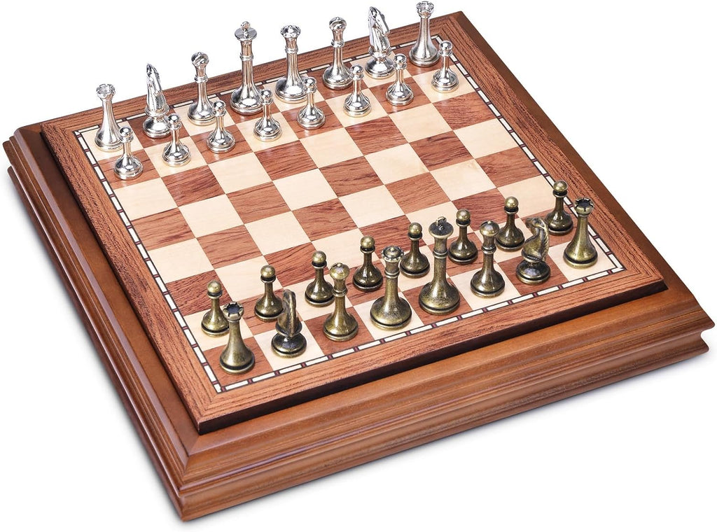 Wooden Chess Board Set with Pieces Storage for Adults Kids, 12.5 Inch Chess Set with Metal Pieces, Unique Chess Game