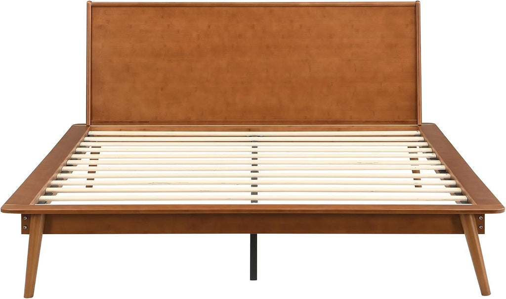 Queen Size Bamboo Platform Bed Frame with Headboard, Walnut Brown