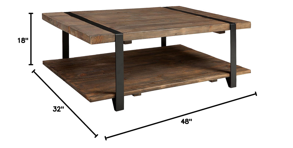 Modesto 48-Inch Reclaimed Wood Coffee Table, Rustic Natural Pine Finish with Metal Strap Legs, Powder-Coated Steel