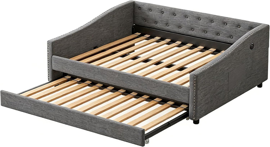 Full Size Daybed with Trundle, USB Port & Side Storage Bag | Linen Fabric, Button Tufted Back, Waved Piping