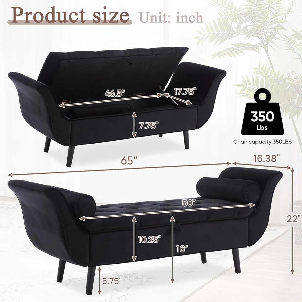 65" Black Velvet Storage Bench End of Bed Couch, King Size Tufted Upholstered Ottoman Benches with Rolled Arms and