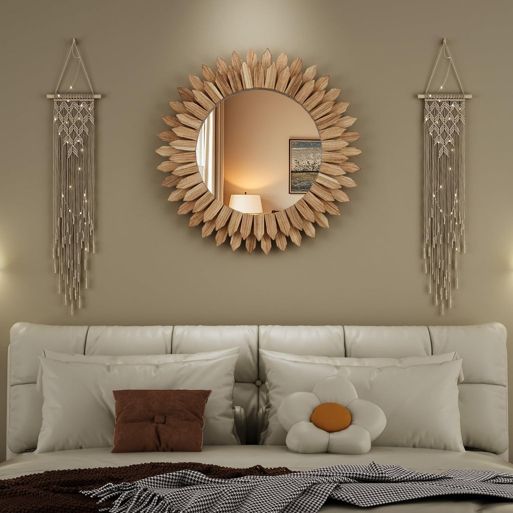 28" Round Sunburst Wooden Mirror Boho Rustic Wall Decor