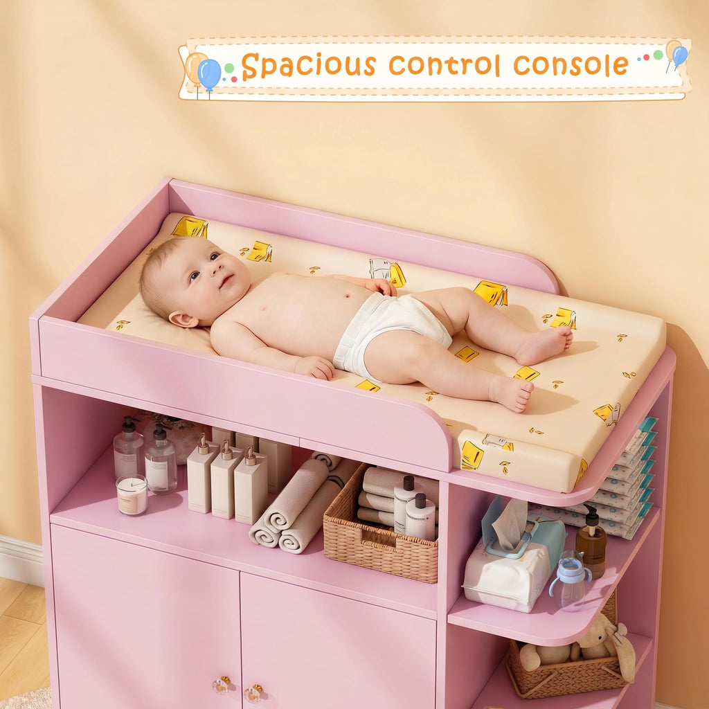 Changing Table Dresser with Large Cabinet, Wood, Pink
