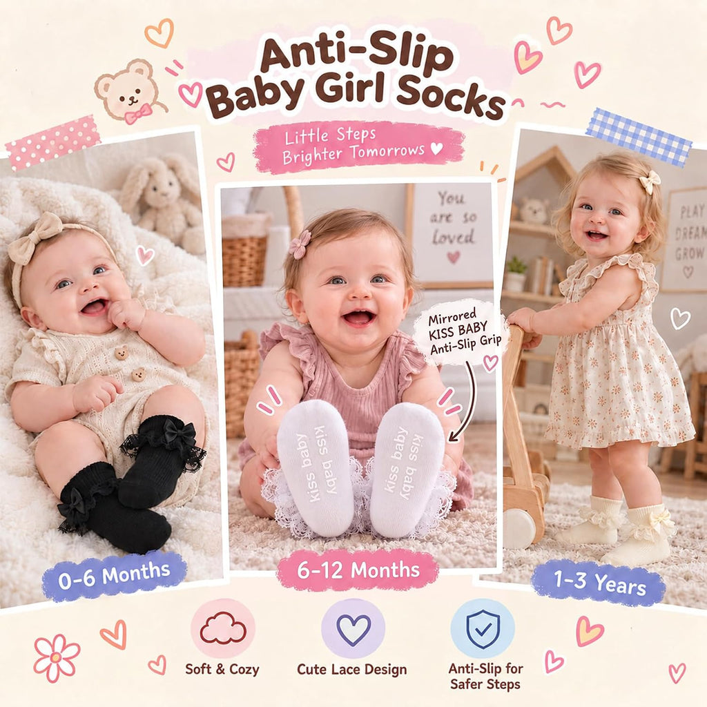 Baby Girl Ruffle Socks with Grips, Cotton Bowknot Lace Dress Socks
