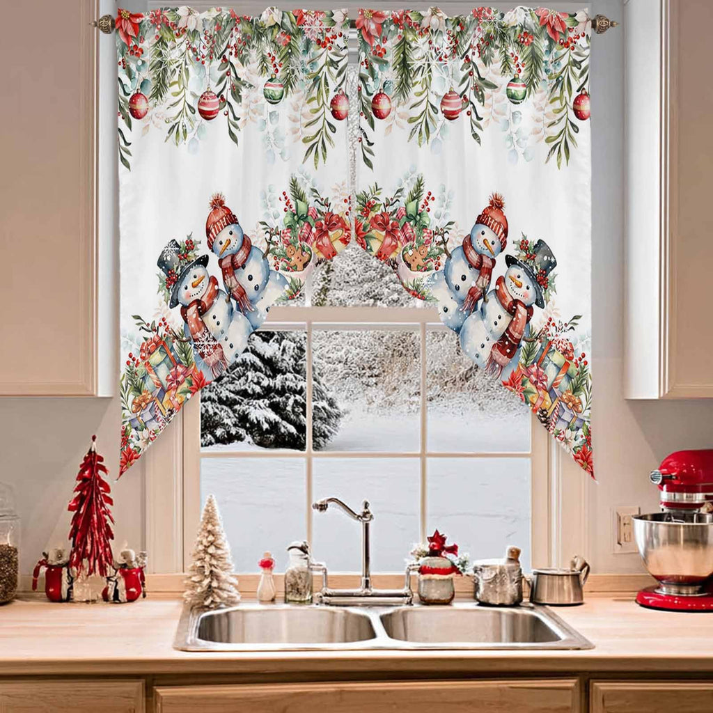 Christmas Red Eucalyptus Leaves Curtain Valance for Window, Farmhouse Swag Curtains, Cute Snowman Valance Bathroom