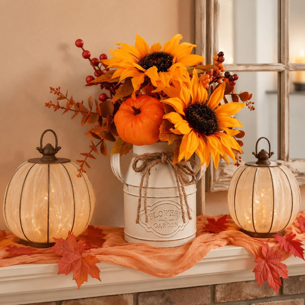 Fall Thanksgiving Centerpieces for Dinner Tables, Faux Floral Metal Potted Plants with Maple Leaf Pumpkin Berry Stems - Set of 2