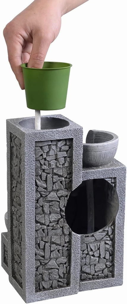 Indoor Tabletop Water Fountain - 3-Tier Resin Waterfall with LED Lights, Mini Bonsai Planter & Cascading Water Flow