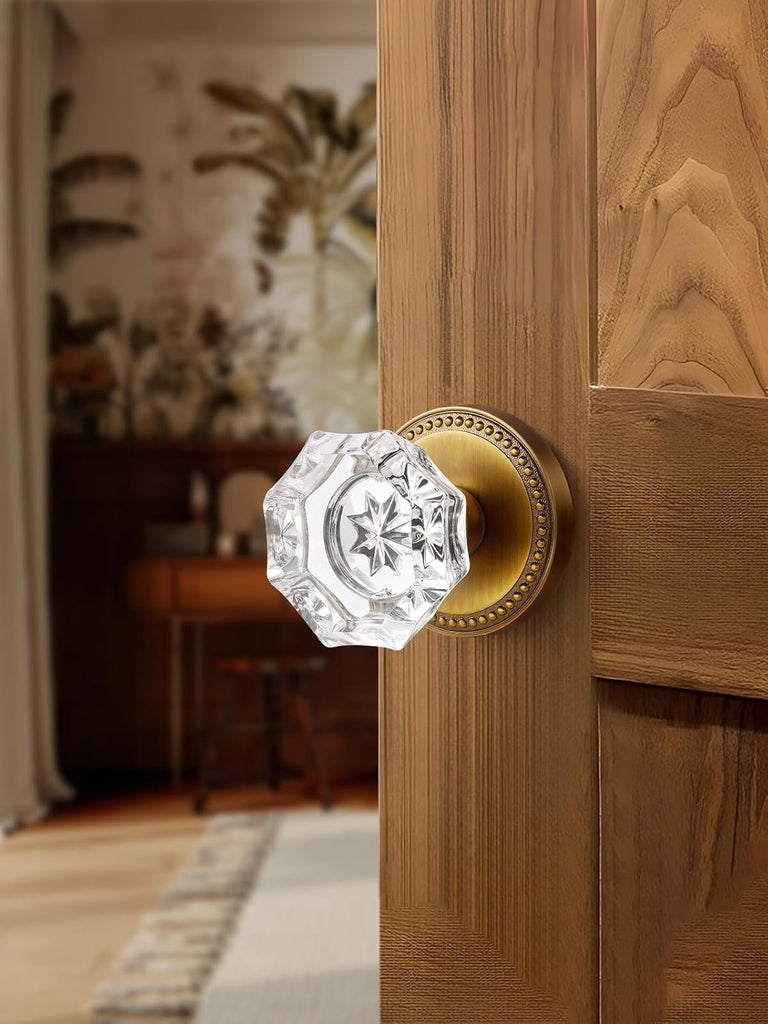 Door Knob Antique Brass Passage Crystal Glass Interior 1 Pack