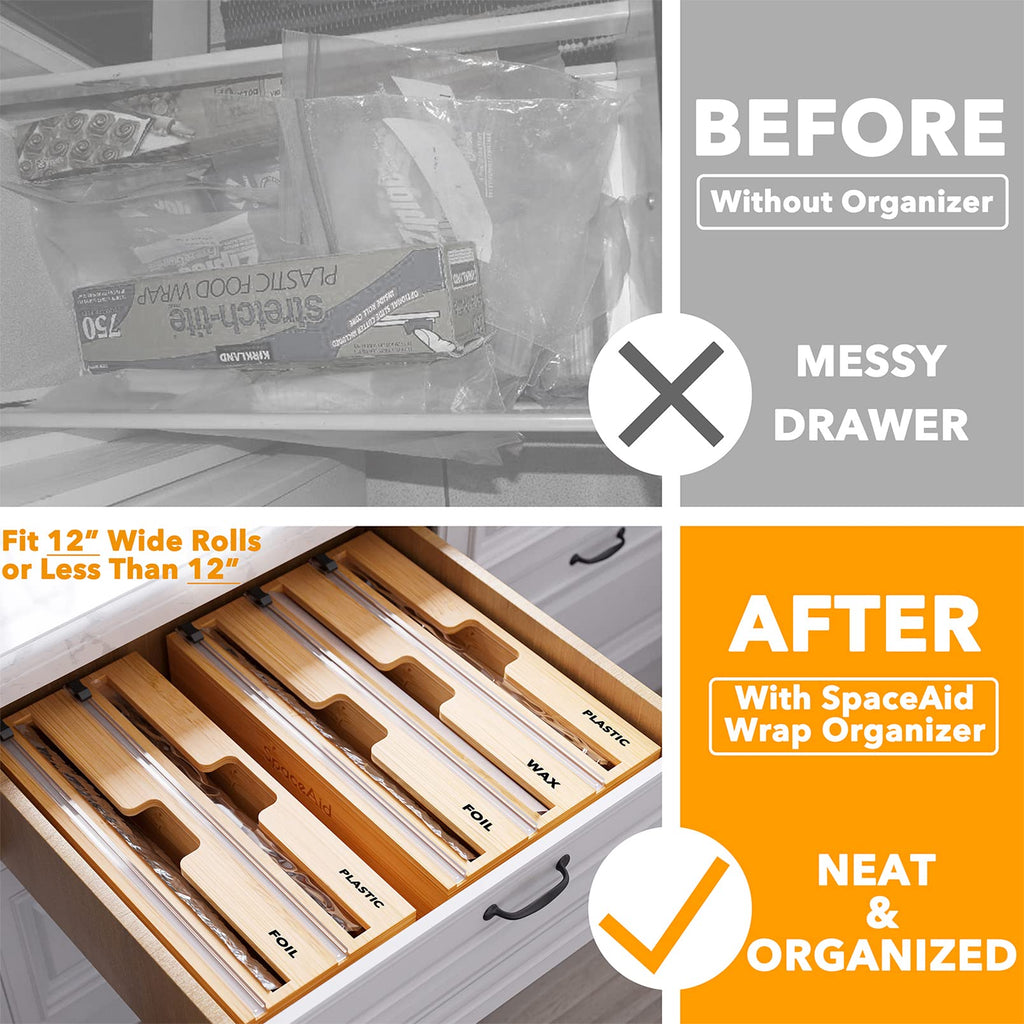 WrapNeat 3 in 1 Wrap Organizer with Cutter and Labels, Plastic Wrap, Aluminum Foil and Wax Bamboo Dispenser Storage