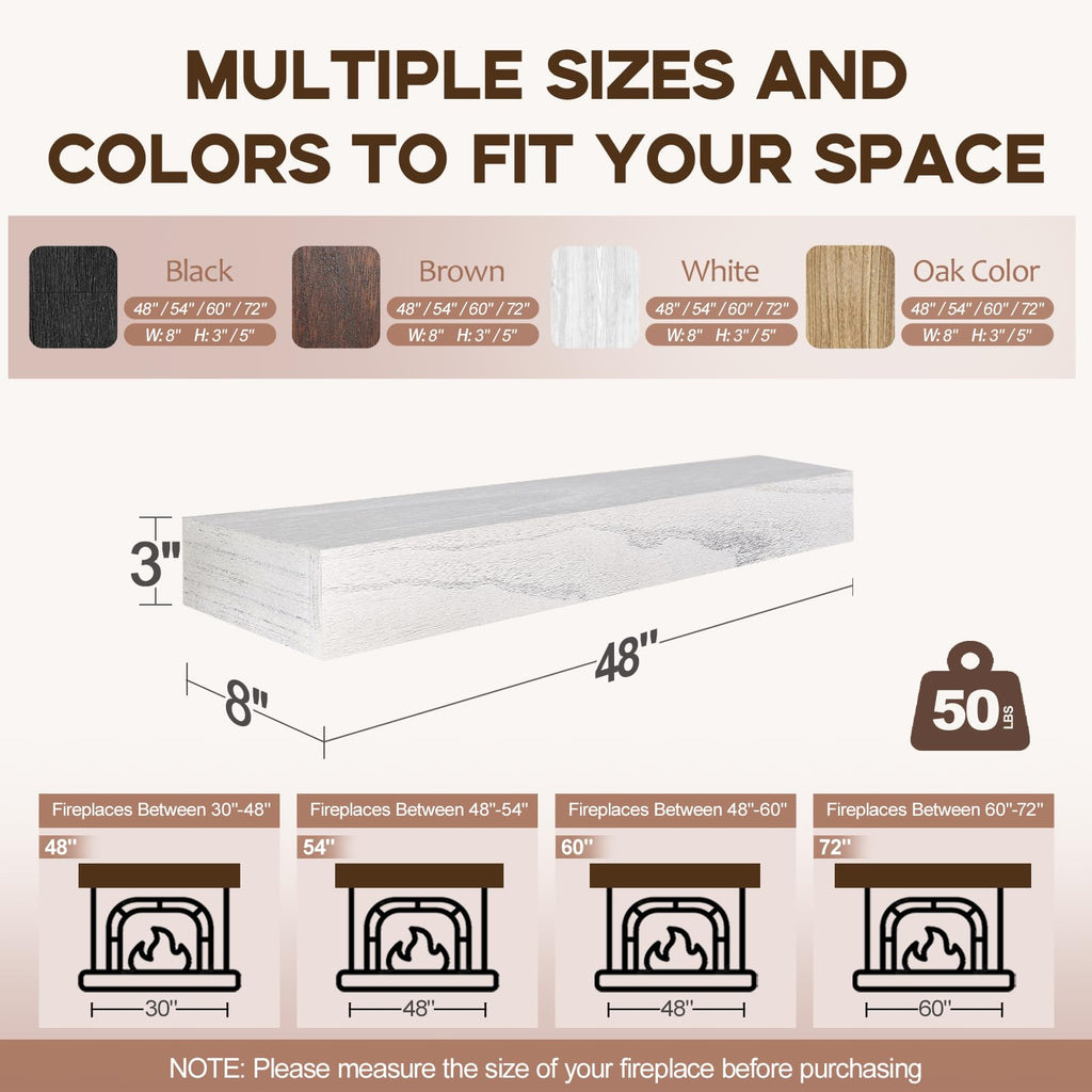 Fireplace Mantel Shelf, 48×8×3 Inch Wooden Floating Shelf, White