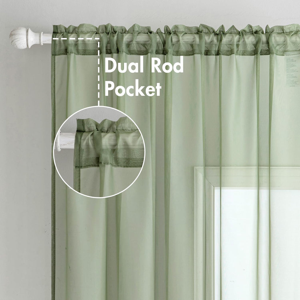2 Panels Sage Green Sheer Curtains 108 inches Long, 54 X 108 Inches