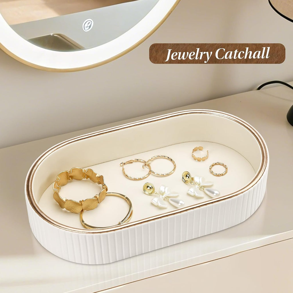 Oval Vanity Tray Perfume Organizer, PU Leather Valet Jewelry Trays Nightstand Organizer Key Bowl Trinket Dish