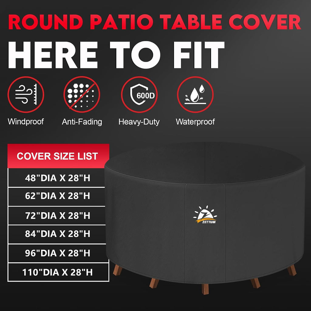 Round Patio Table Cover 62 Inch - 600D Outdoor Furniture Cover Round Waterproof & Heavy Duty, Lawn Furniture Set