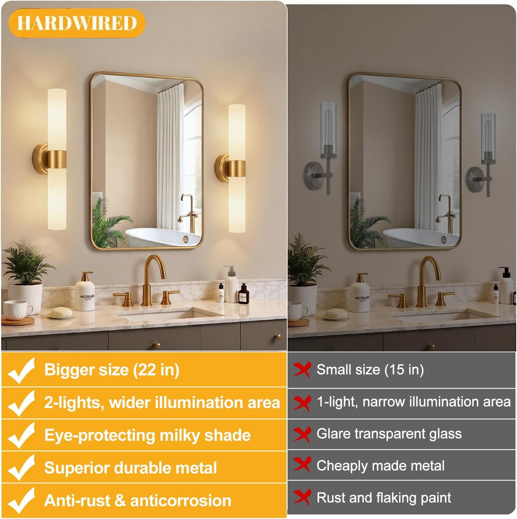 Hardwired Wall Sconces Set of Two, Modern Bathroom Sconces Wall Lighting with Milky White Glass, Brushed Gold Sconces