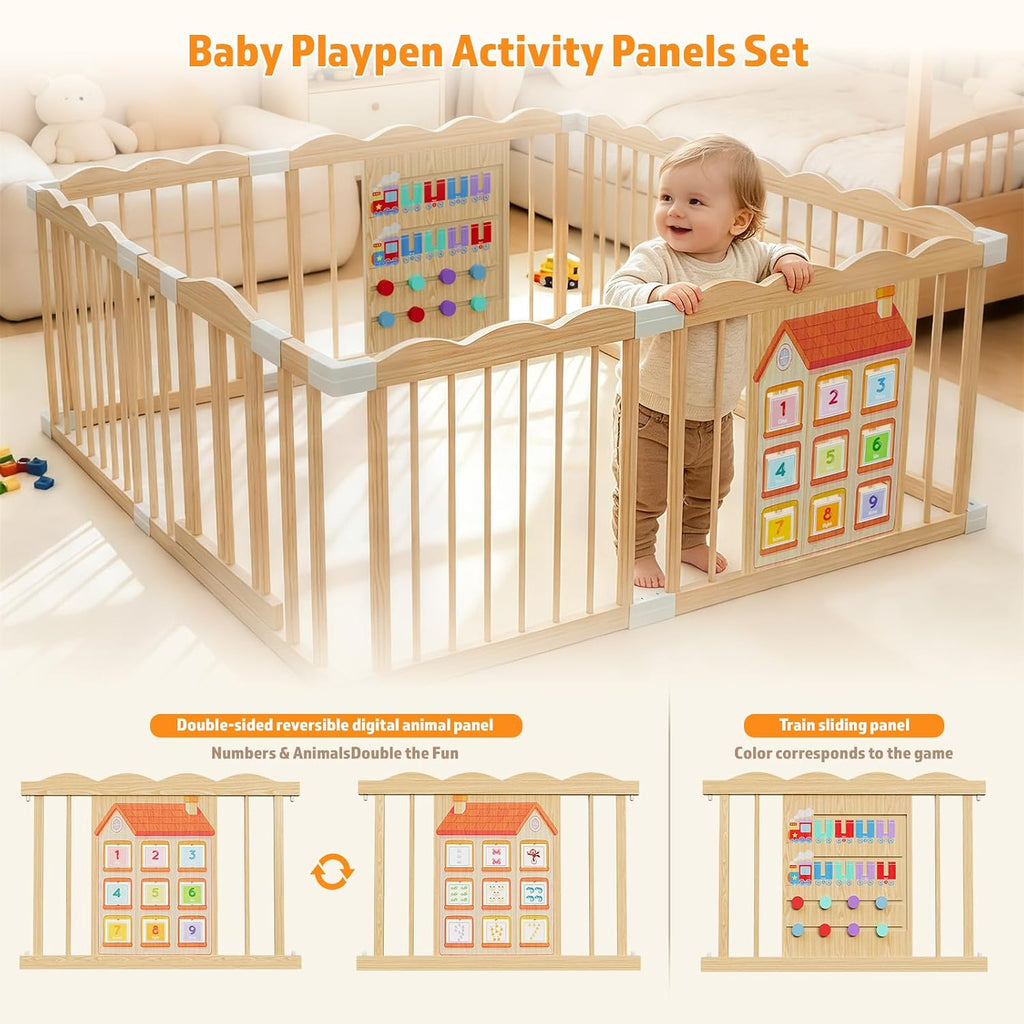 Wooden Baby Playpen with Built-in Activity Panel, 50x65x24In | Large Adjustable Natural Pine Wood Play Pen with