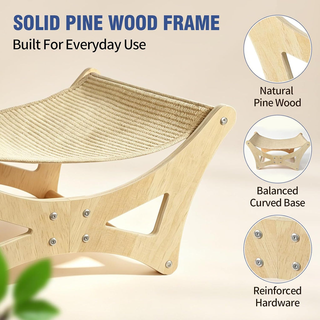 Cat Hammock Bed for Large Cats, Elevated Wooden Bed with Natural Sisal Scratching Mat, Cozy Lounge with Soft Cushion