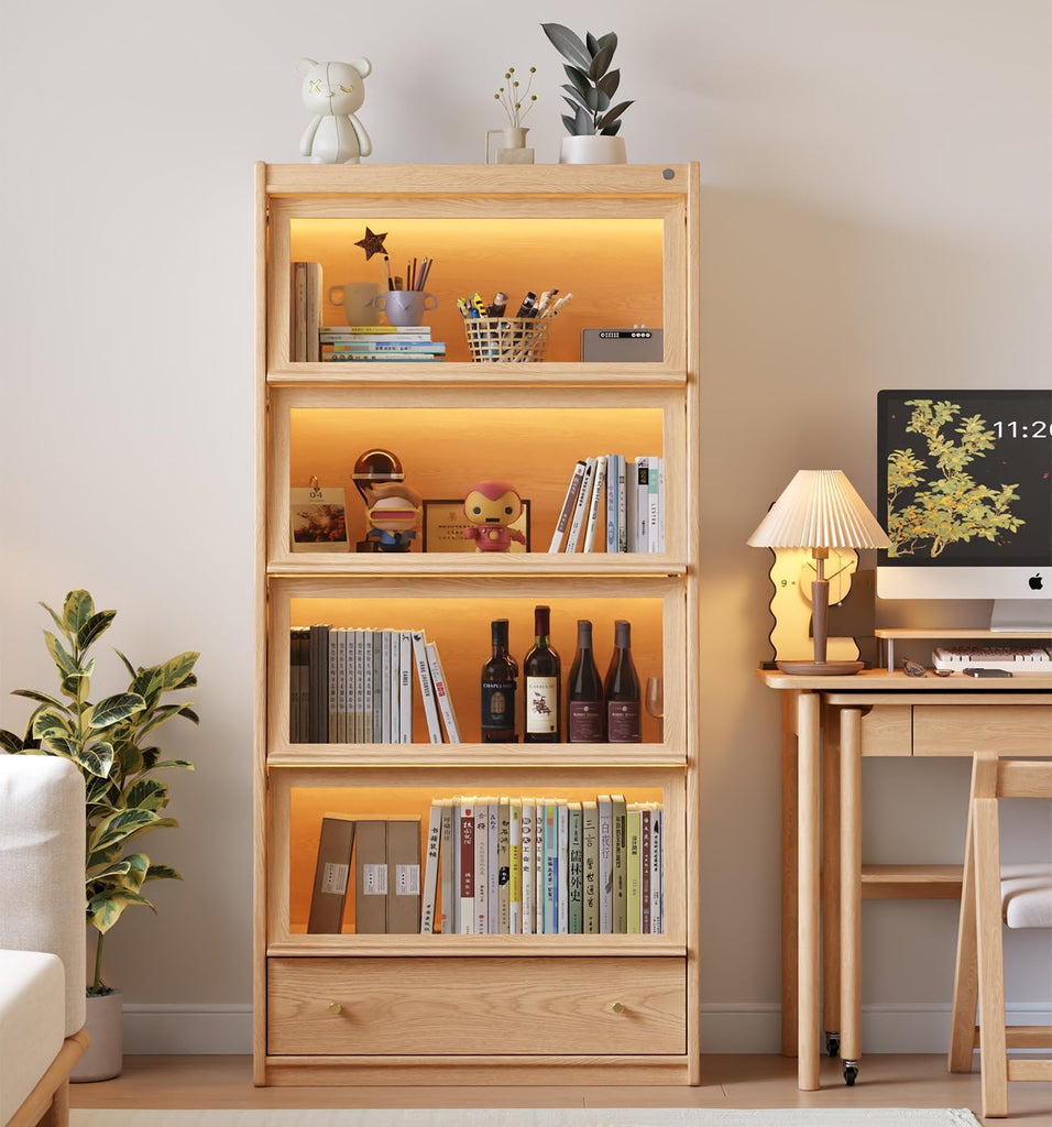 73" H Tall Solid Wood Bookcase with Flip-Up Tempered Glass Doors and 3 Color Led Lights,4 -Tier Wooden Bookshelf with