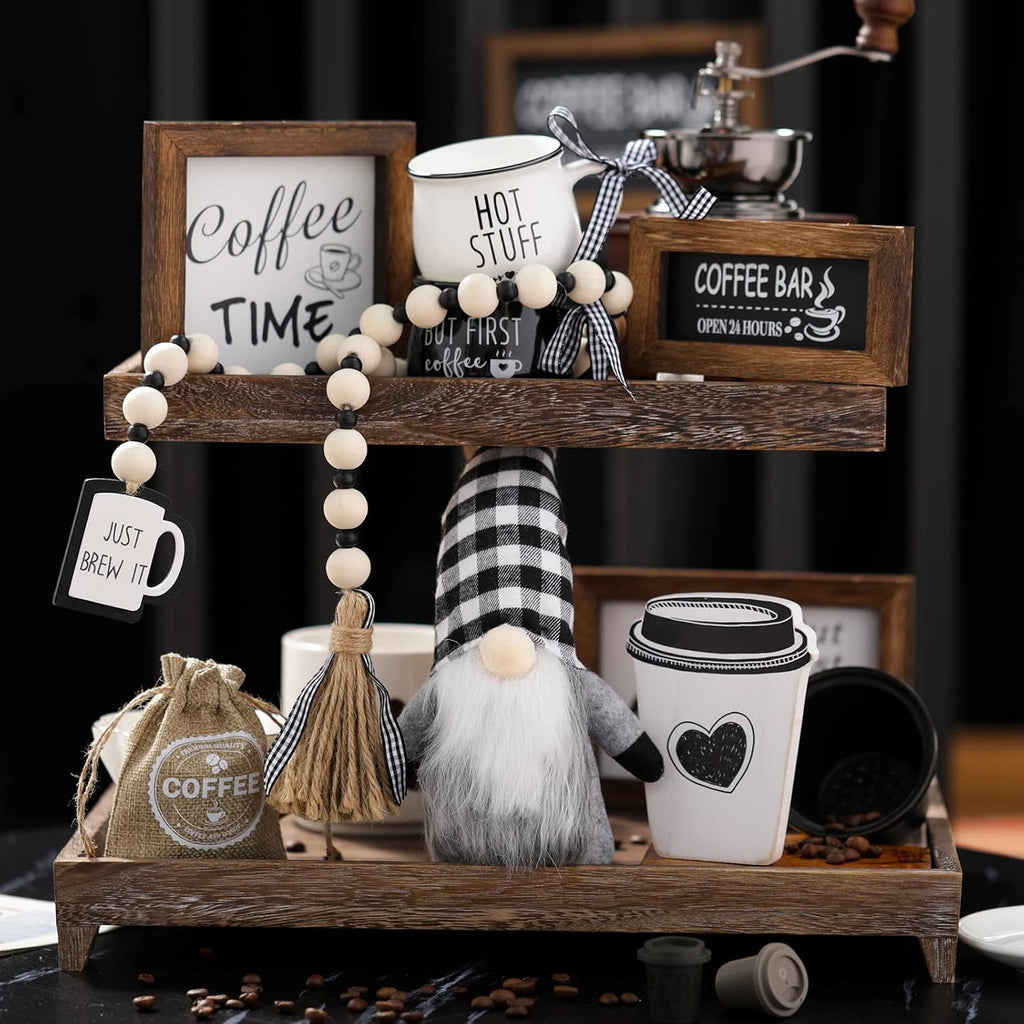 Coffee Bar Decor Set, Farmhouse Tiered Tray Decor Accessories, Rustic Coffee Station Tabletop Wooden Signs - Set of 8