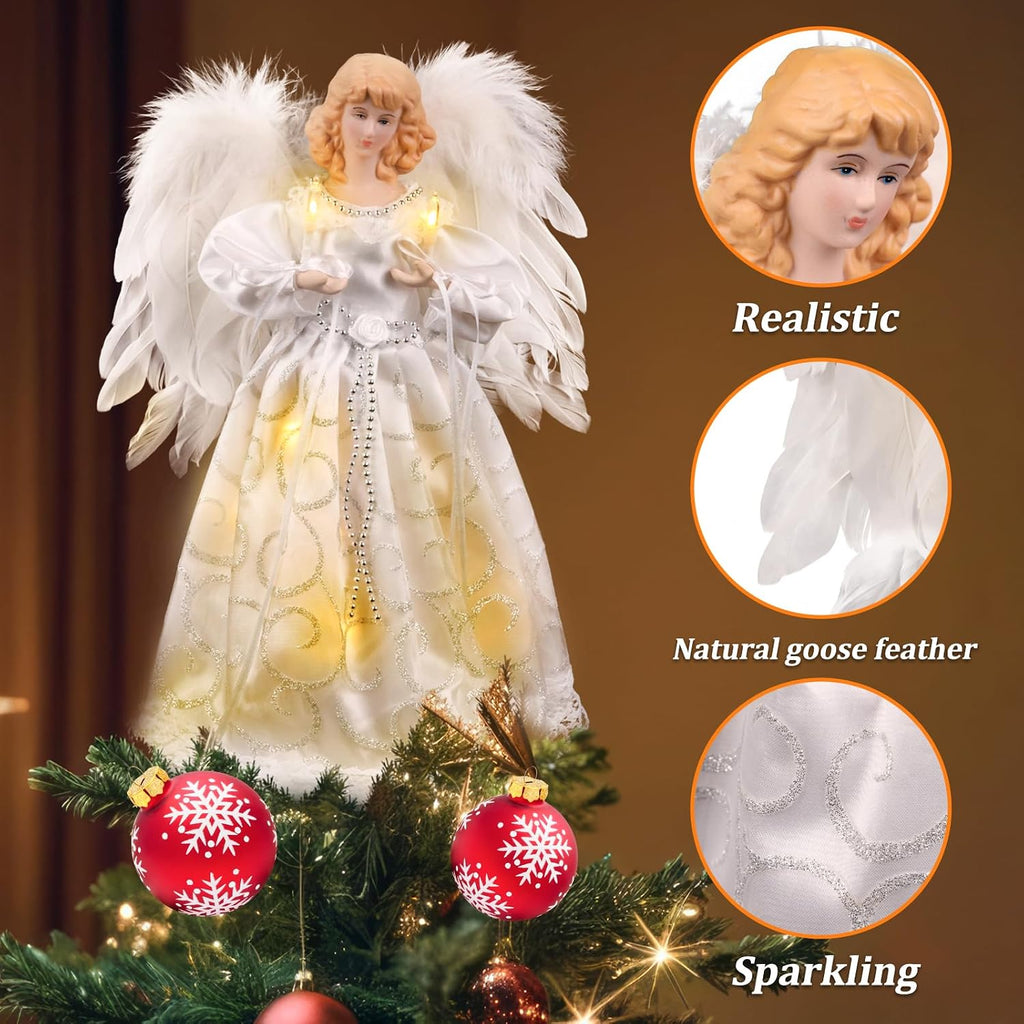 Tree Topper with Lights | 12.5 inch White Angel Tree Topper